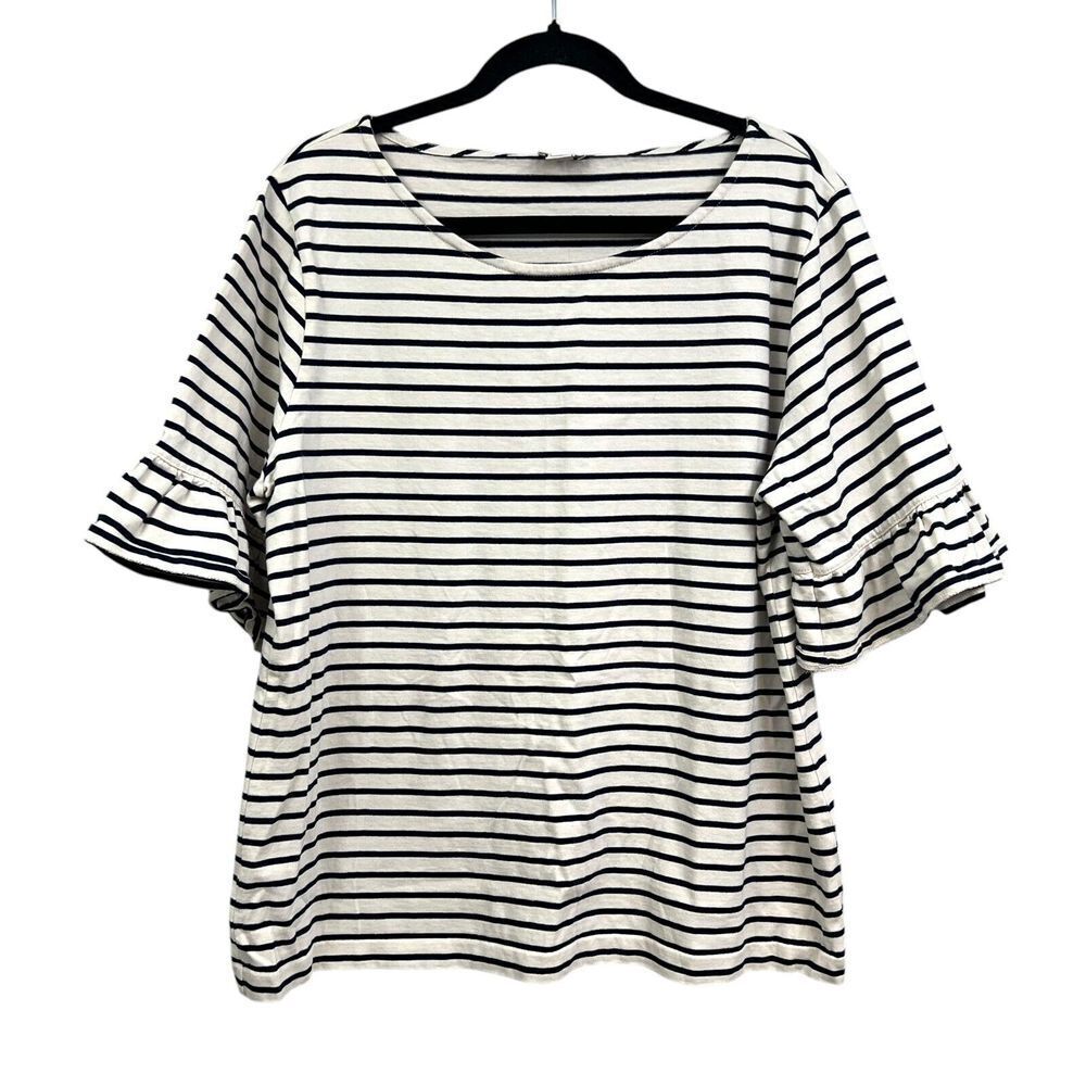 J. Crew Womens Top Striped Navy Cream Short Bell Ruffled Sleeves Sz XXL*